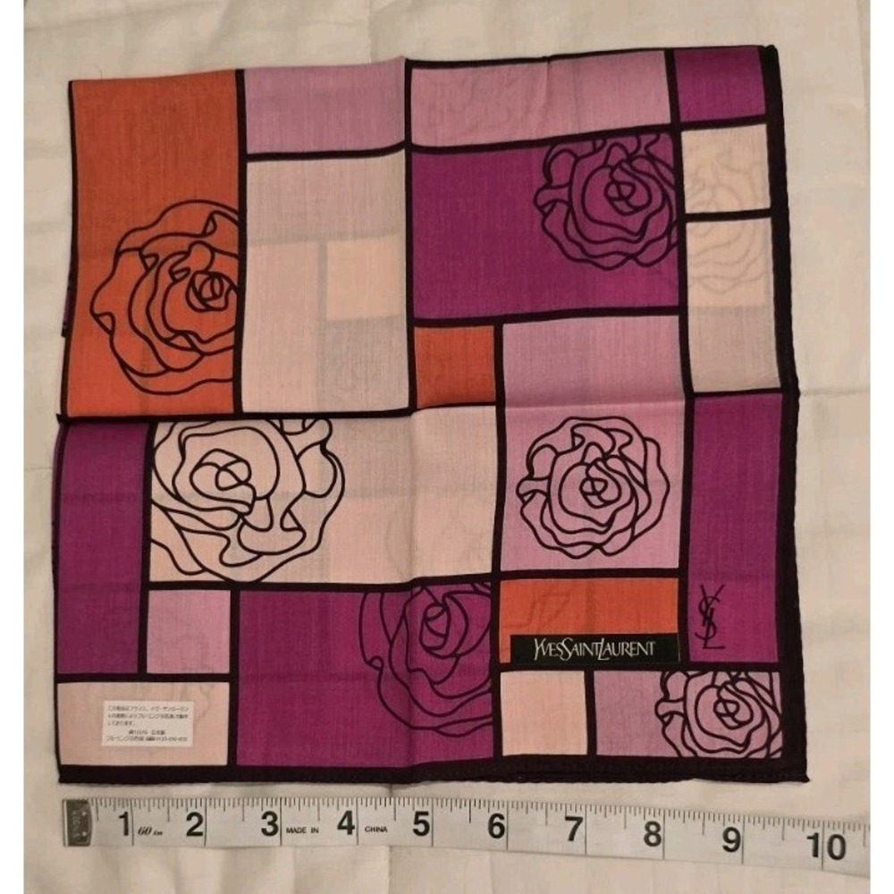 Vintag Yves Saint Laurent  Neck Scarf  Small Scarf, Multi Color Rosses with Logo